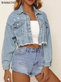 Denim Long Sleeve Button Turn Down Collar Jacket For Women Autumn Vintage Casual Pocket Cropped Coats Ladies Outfit