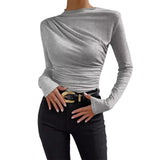 Fongt Solid Color Trim Bottom Shirt Folding Design Long-Sleeved T-Shirt Lady