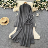 Fongt Simple Style Solid Knitted Light Sister Suit Girl Winter Body-Clamping T-Shirt Dress With Long Open Shirt Jacket