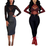 Women T Shirt See Through Transparent Mesh Tops Long Sleeve Sheer Slim Ladies Turtleneck