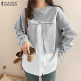 ZANZEA Autumn Striped Blouse Women Long Sleeve Fake Two Pieces Shirt Casual Pullover Oversize Blusas Patchwork Top Tunic 1028-0-Outfit