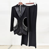 Fongt Summer New Star Sex Hollow Hot Diamond Suit Jacket Trousers Set Two Sets