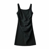 New Pleated Vest Dress Summer Women's Solid Color Square Collar Sleeveless Hip Skirt-Outfit