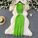 Fongt Hottie Port Style Suit Women's Summer Short Vest Top With High Waist Half Skirt Knit Two Sets