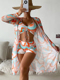 Fongt New Women's Three-Piece Bikini Mesh Gauze Blouse Gradient Print Lace Fashion Anti-Sai