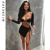 Sexy Bikini Fake Two Piece Set Hollow Out Women's Dress Halter Long Sleeve Backless Bandage Mini Dresses 2022 Summer Beach