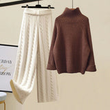 Warm 3 Piece Sets Womens Outfits Office Ladies Turtleneck Knitted Sweater+woolen Parkas Vest+wide Leg Knitting Pants