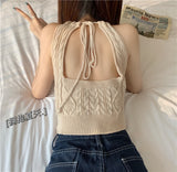 Neck Knitted Cropped Tank Crop Tops Female Hollow-Out Laced Back Tanks Sleeveless T shirts Tees Camisole Women-Outfit