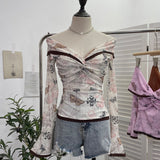 Fongt Oil Painting Print Collar A Word Twisted Folded Short-Sleeved Trumpet Blouse 9907