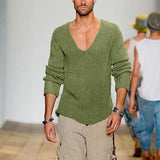 Fongt Men's Long Sleeve V-Neck Loose Sweater Fashion Casual Solid Color Knit Jumper Men's Plus