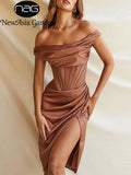 Satin Corset Dress Mesh Cut out See Through Boning 2 Layer Elastic Bodycon Midi Dress Fall Woman Ruched Sexy Party