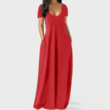 Fongt New Plus-Size Women's Solid Color Dress Sexy Deep V Short-Sleeved Dress-Outfit
