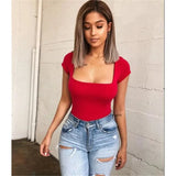 Fongt Fashion Square Collar Sexy Slim Base Bottom Solid Color Short Sleeve Onesie Top