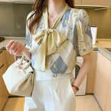 Chiffon Women's Blouses New Casual Fashion Short Sleeve Top Printing Bow Tie V-neck Shirt Summer Lady
