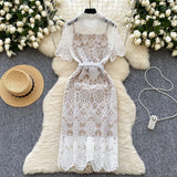 Fongt Court Feng Sleeve Lace Dress Hollow Hook Butterfly Tie Sling Temperament Elegant Dress