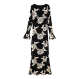 Fongt New Three-Dimensional Platt Flower Horn Sleeves Solid Long-Sleeved Dress