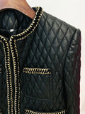 STREET Newest 2023 F/W Designer Outerwear Women's O-neck Chains Embellished Grid Artificial Leather