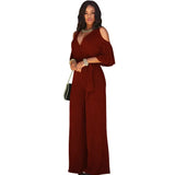Spring Summer Women Jumpsuit Sexy Hollow Off Shoulder Romper V Neck Half Sleeve Solid High Waisted Belt Wide Leg