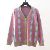 Houndstooth V-neck Knitted Cardigan Women Long Sleeve Female Sweater Coat Fashion Autumn Sweet Ladies Oversized