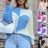 Women Heart Print Sweaters Hollow Out Design See Through O-Neck Long Lantern Sleeve Spring Autumn Casual Loose Knitted