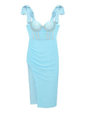 Women's 2023 Sky Blue Skinny Mini Dress Mesh Bow Ladies High Split Drape Sexy Sleeveless Party Dress Evening