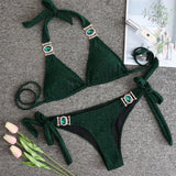 Fongt Sexy Shiny Special Fabric Swimwear Crystal Diamond Bikini Gold Straps Women's