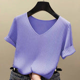 Short Sleeve Blouse Women Tops 2021 Solid Korea Summer Shirt Thin V-neck Knit Female Tee Shirt Dames Gebreid Shirt