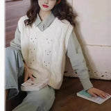 Fongt Small V Collar Soft Waxy Simple And Generous Knitting Vest New Female Gentle Girl Pure Color Sweet Sister Vest Female-Outfit