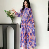 Fongt Women's Autumn Dress French Bubble Sleeves Long Heavy Industry Pressure Folds High-Grade Chiffon Floral Fall-In-Action Dress