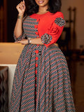 Fongt Women's New Fashion Elegant Round Neck Seven-Sleeve Print Spliced African Dress