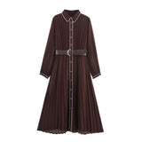 Fongt New Fashion Simple Belt Folding Long-Sleeved Fan Flute Dress