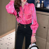 Tassel Spliced Blouse Commute Solid Color Elegant Lapel Bright Silk Spring Autumn Women's Clothing Single-breasted Shirt-Outfit