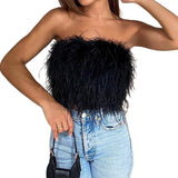 Women Clothes Artificial Fur Feather Vest Summer 2023 Sleeveless T-shirts Strapless Fluffy Backless Slim Tube Tops