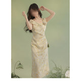 Fongt Spring Popular French White Wave Dot Three-Dimensional Flower Dress Pinch Folded Waist Thin Temperament Long