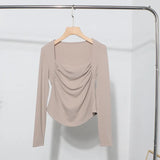French Style Long-Sleeved T-Shirt Girl Autumn And Winter Collar Folded Folded Body Inside The Bottom Shirt Top