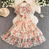 Fongt Gentle Wind And Rags Retro Tea Chiffon Dress Female Waist Temperament Shoulder Bubble Sleeve Mesh Dress