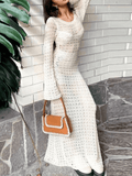 Crochet Hollow Backless Long Sleeve Cover Up Maxi Dress-Outfit