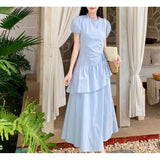 Fongt Blue Short-Sleeved Dress Women's Summer 2025 New Small Folding Thin Temperament Cake