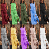 Fongt 2025 Summer Women's Fashion Trend Retro Round-Neck Sleeveless Forked Solid Color Two-Piece