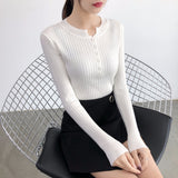 And Winter Design Round Collar Leaky Clavicle Knitted Bottomed Shirt A Slim Short Pit Striped Thin Sweater Button Blouse-Outfit
