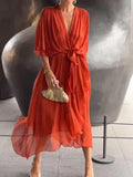 Fongt New Women's Solid Color With Long Skirt Bat Sleeve Irregular Dress Large