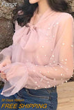 Gauze Bow Beading Pink White Blouse 2023 Summer Women Solid Chiffon Shirt Female Blouses Top Office Shirts Blusas 4323