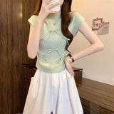 Fongt Wind Gentle Niche Bow High-Neck Short Sleeve New T-Shirt Summer Slimming Short Blouses