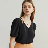 V-neck Women Shirt Bubble Sleeve Design Sense Solid Color Commute Chic Style Summer 2022 New Casual Female Blouses