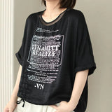 Stylish Letter Printed T-shirt Women's Clothing Loose Gauze Spliced Summer Thin Round Neck Korean Shirring Pullovers-Outfit