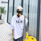 oversized Tshirt Simple letter print Basic T Shirt Women Casual blue Tops Loose White Summer Short Sleeve long