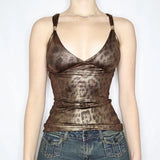 Fongt Babes Glossy Leopard Color Repair V-Neck Sexy Cross-Dress Sling Sling Tape Small Vest Top