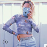 Fongt Summer Ins New Angel Print Mesh Short Crop Long Sleeve T-Shirt