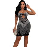Fashion Women's Solid Color Mesh Diamond Halter Short Dress-Outfit