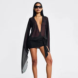 Black Mesh Low Cut Long Sleeve Mini Dress Beach Cover-Outfit